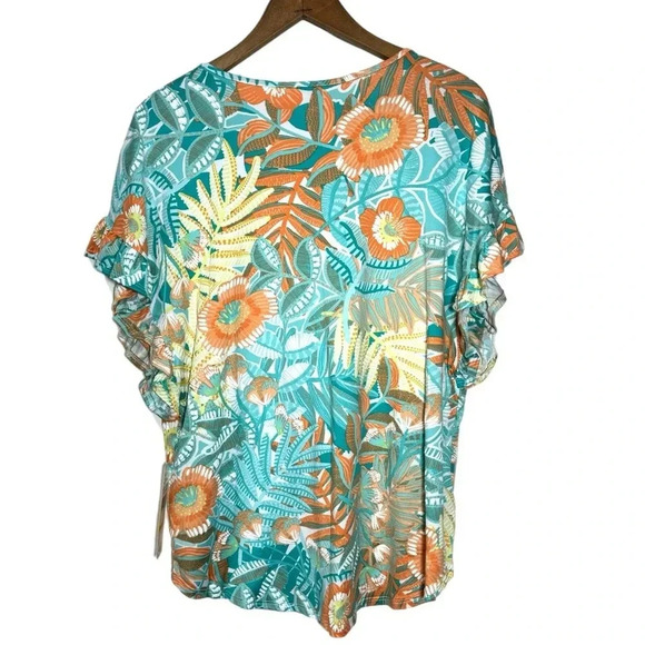 NWT RUBY RD Tropical Floral Short Sleeve Blouse Flutter Sleeve Split Neck Top - Picture 6 of 12